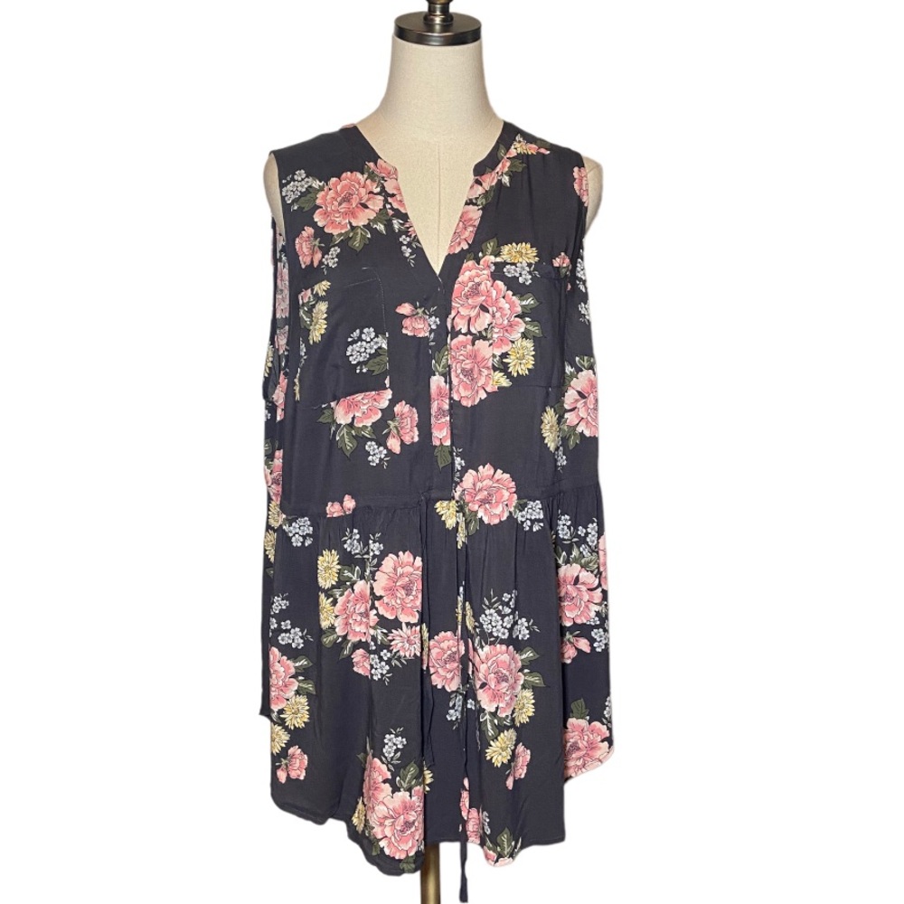 Torrid Floral Sleeveless Blouse Drawstring Waist 1 1XL Rayon